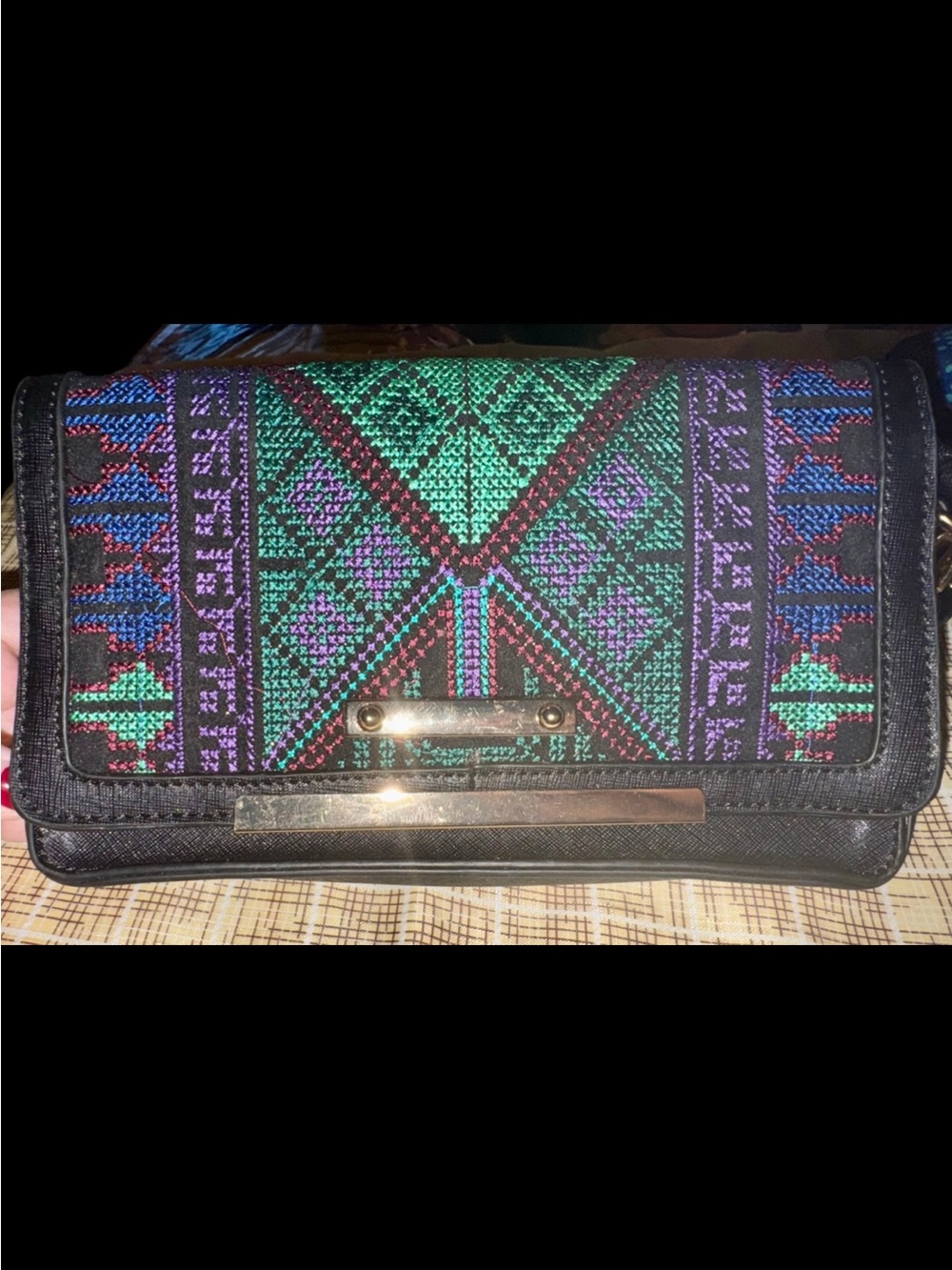 Embroidered Tribal Pattern Clutch - Black & Teal